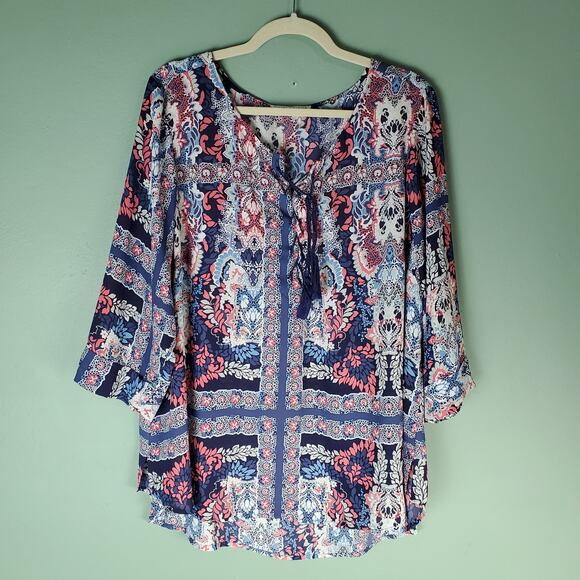 Violet + Claire Womens Multicolor Semi Sheer Boho Floral Print Blouse Size 2X - Picture 1 of 7
